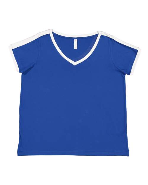 Women's Curvy Retro Ringer Premium Jersey V-Neck Tee | USA Decoration