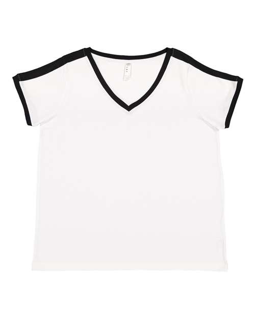 Women's Curvy Retro Ringer Premium Jersey V-Neck Tee | USA Decoration