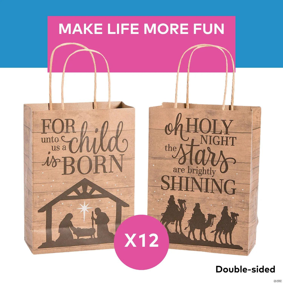 6 1/2" x 9" Medium Nativity Barnwood Print Kraft Paper Gift Bags - 12 Pc.