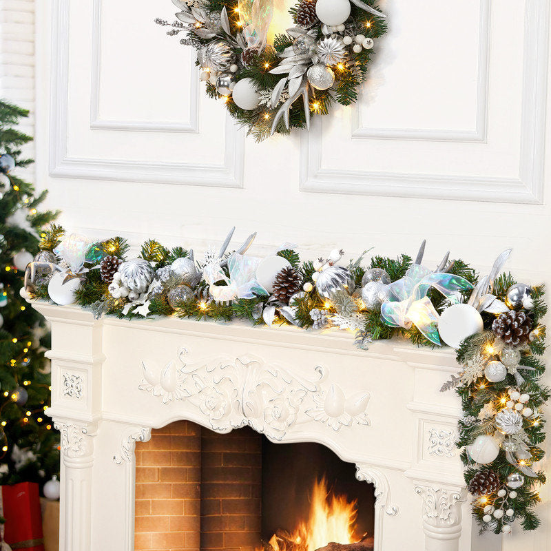 9 ft Pre-Lit Christmas Garland wrapped around a staircase banister