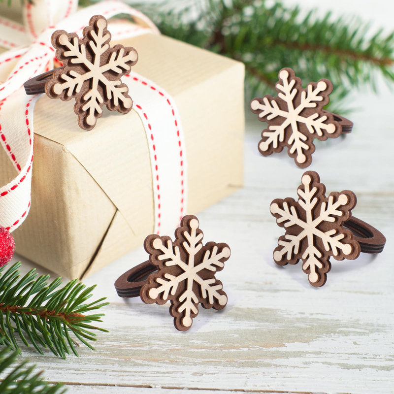 6 Pack Wooden Christmas Napkin Rings Set, 3D Snowflake Walnut Wood Napkin Holders, Handmade Holiday Table Decor For Xmas Winter Birthday Banquet