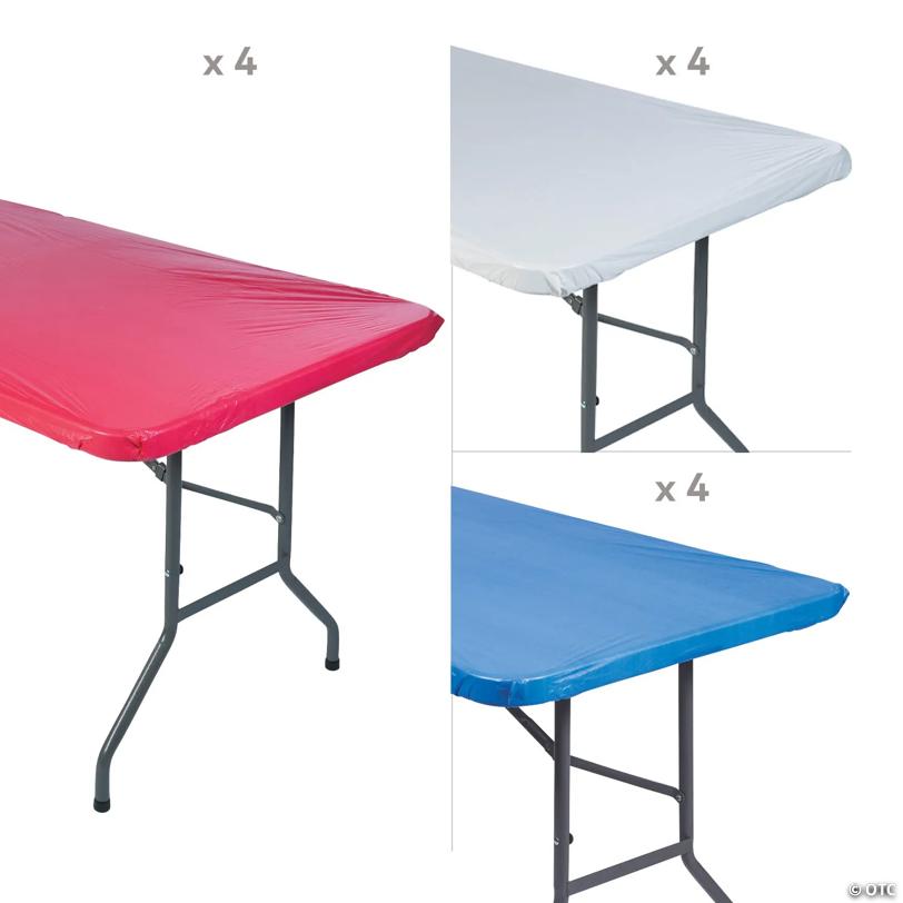 6 ft. Patriotic Red, White & Blue Fitted Disposable Plastic Tablecloths Kit - 12 Pc.