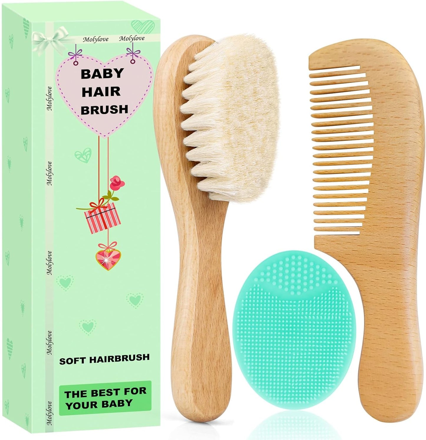 3 Piece Baby Hair Brush and Comb Set Wooden Handle Soft Goat Bristles for Newborns Toddlers