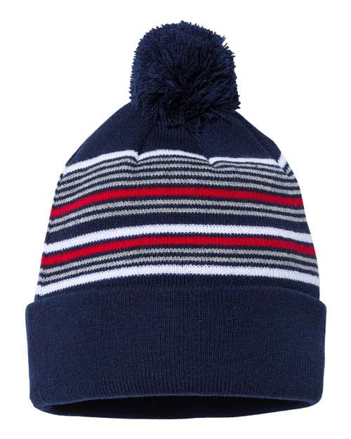 12" Striped Pom-Pom Cuffed Beanie | USA Decoration