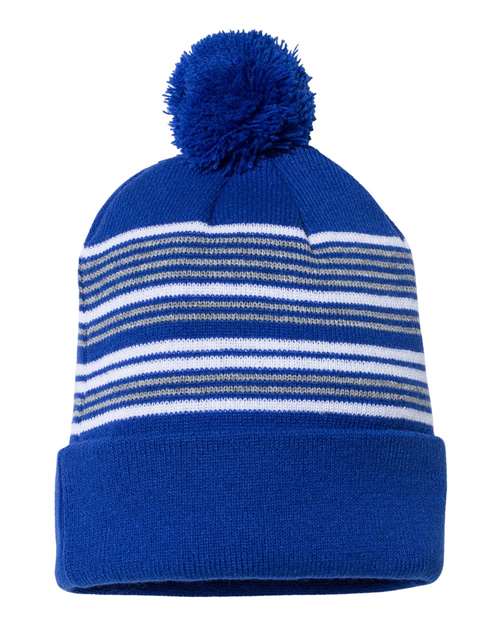 12" Striped Pom-Pom Cuffed Beanie | USA Decoration