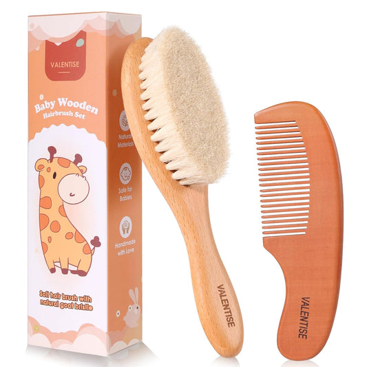 Wooden Baby Hair Brush and Comb Set with Soft Goat Bristles for Newborns