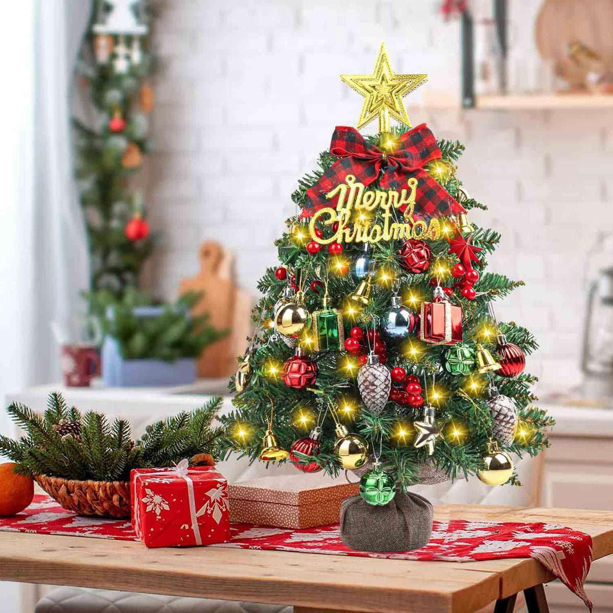 SVNVIOZ 2FT Small Tabletop Mini Artificial Christmas Tree with Lights, Red Green Ornaments - Xmas Tree for Holiday Home Decoration