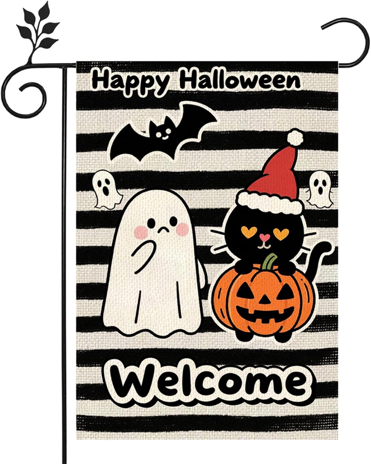 12×18 in Happy Halloween Burlap Garden Flag Double-Sided Ghost, Cat & Pumpkin Design | USA Decoration®