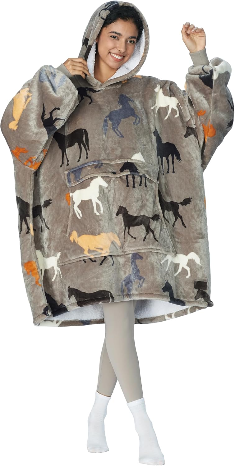 Tirrinia Wearable Blanket Oversized Hoodie for Adults, Horse Print Gift Sherpa Sweatshirt, as Christmas Gifts for Family & Friend. One Size Fits All