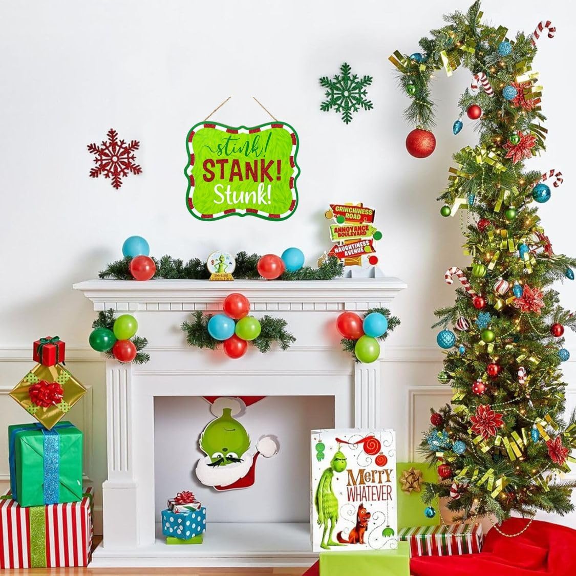 Craig Bachman Stink Stank Stunk 10.5" Wooden Sign/Door Hanger For Christmas Wreath Accents, Crafts, and Wall Decorations - Lime Green, Red, White