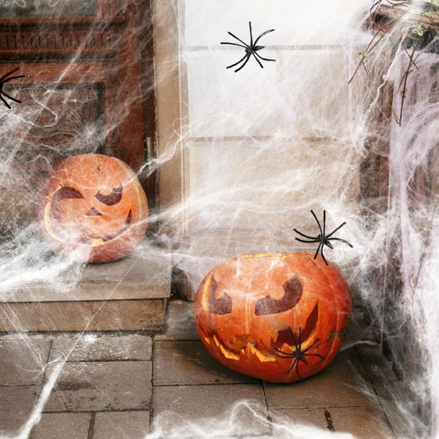300 sqft Spooky Stretch Spider Web Deco Kit Indoor/Outdoor Halloween Cobweb with Spiders | USA Decoration®