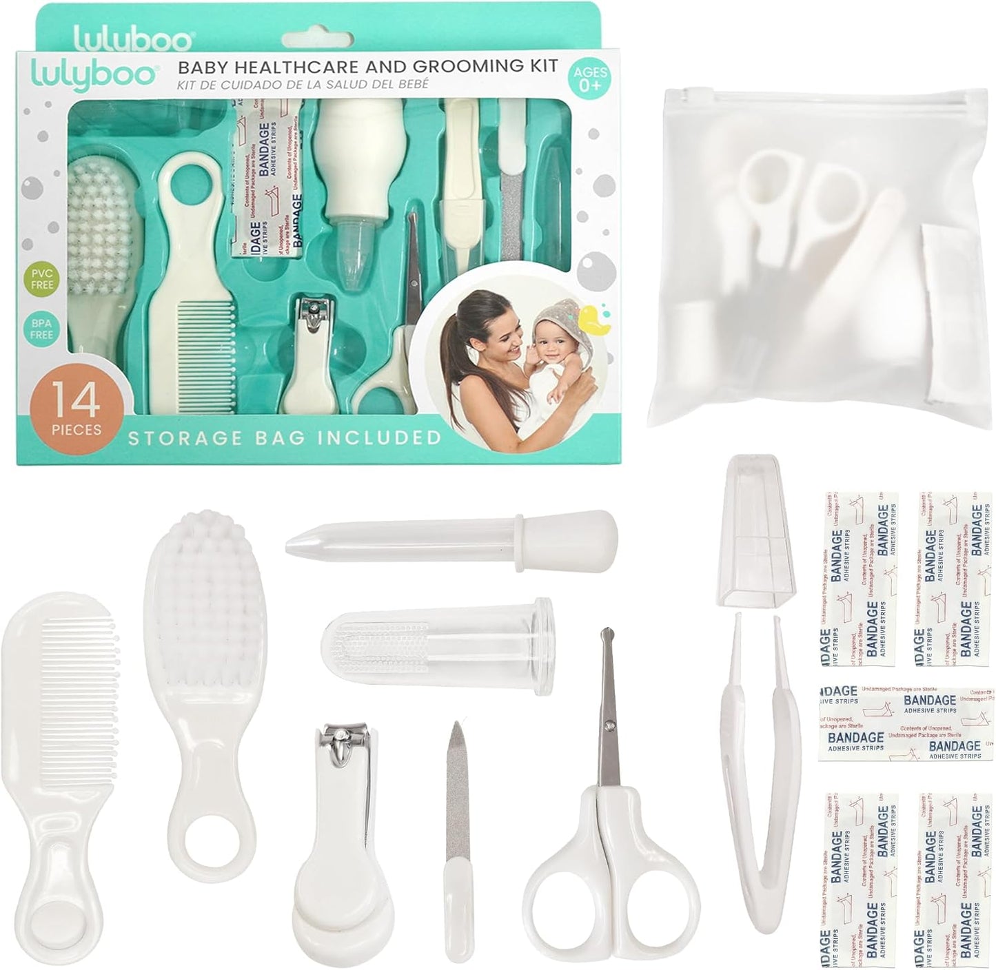 Lulyboo 14-Piece Baby Grooming Kit Safe BPA-Free Newborn & Toddler Care Set with Brush, Comb, Nail Clippers, Scissors, Nasal Aspirator & Travel Bag Baby Essentials for New Parents