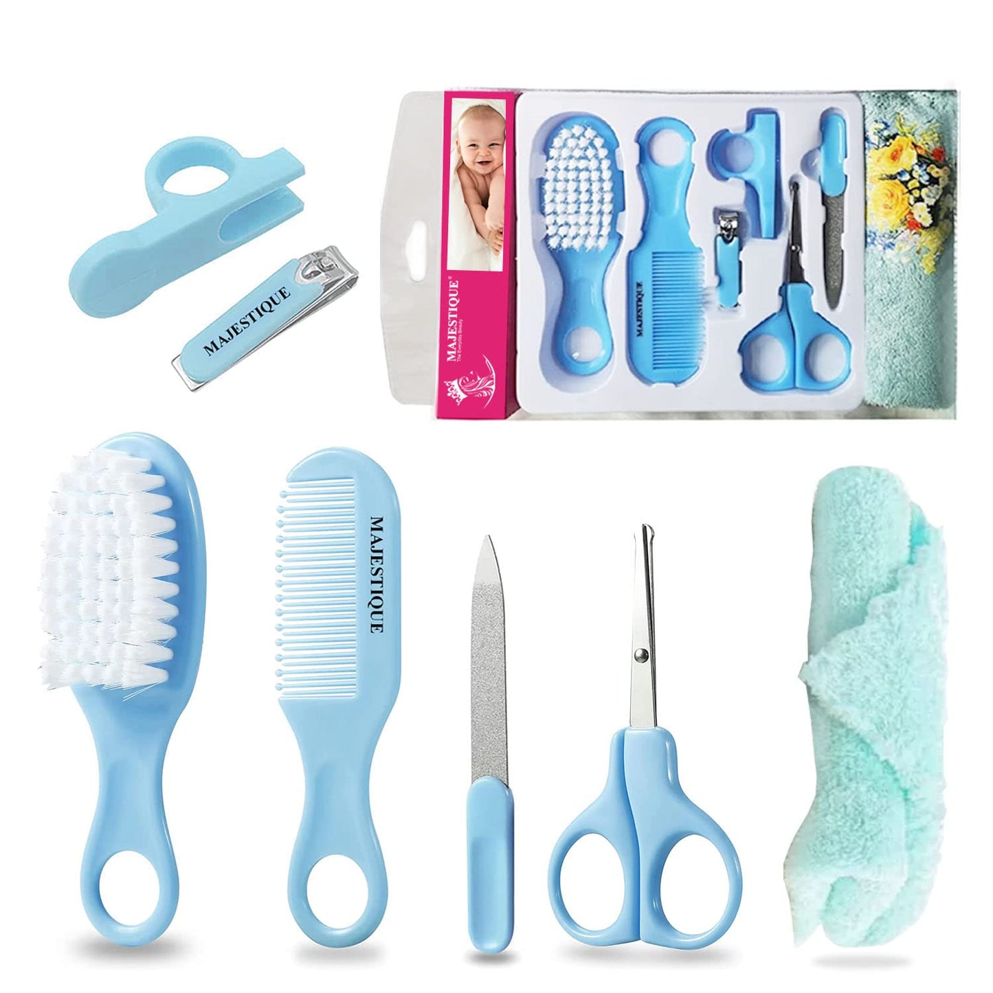 7-in-1 Baby Grooming Kit Hair Brush, Comb, Nail Clipper, Nail File & Soft Towel for Newborns and Infants, Blue | USA Decoration®