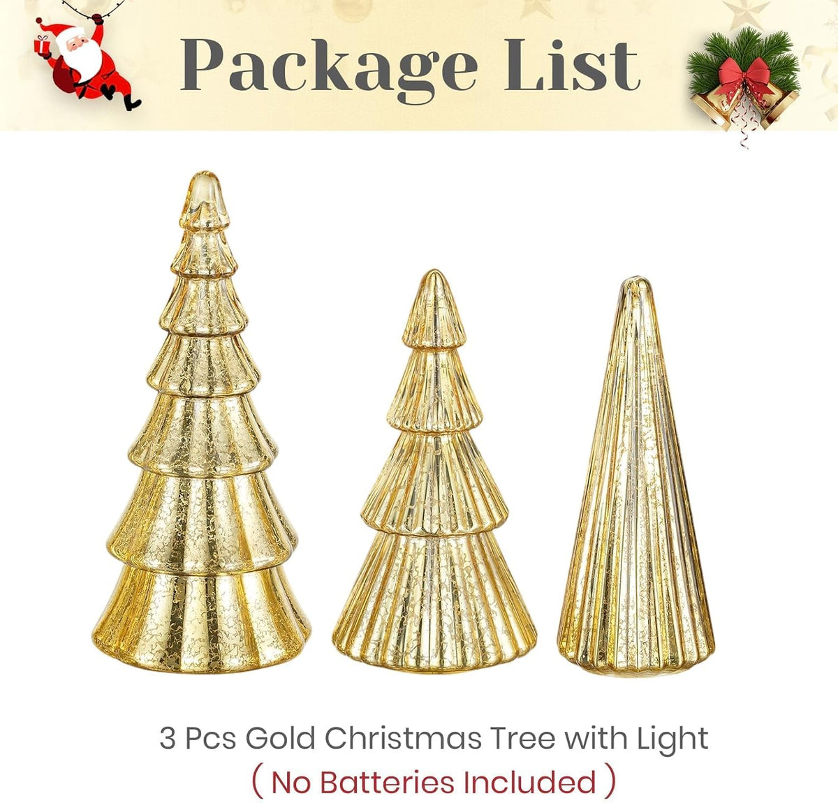 Hewory Mercury Glass Christmas Tree: 3 Pcs Gold Table Decor with LED Lights