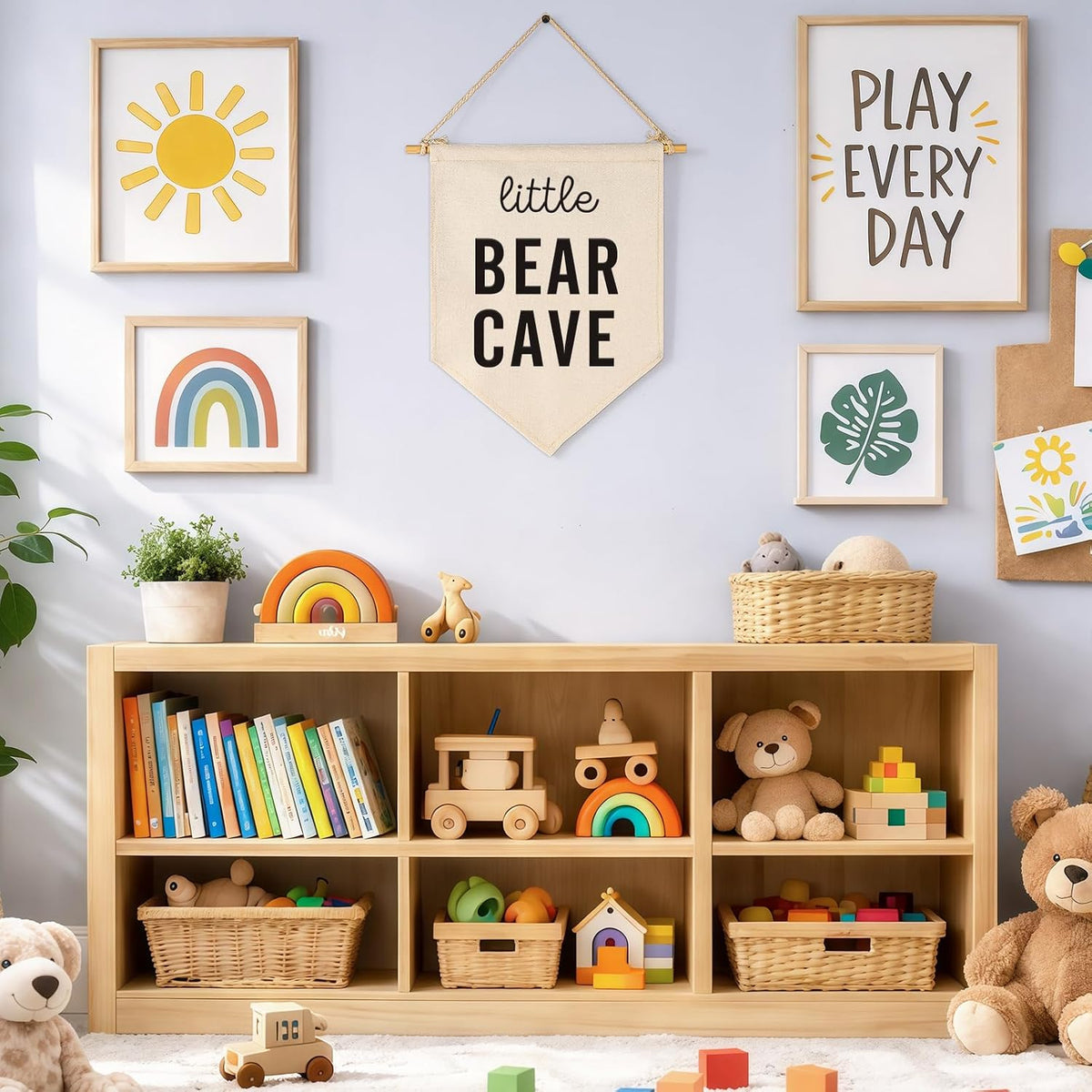Bear Canvas Banner Flag Sign Pennant Wall Decor Gift for Baby Kid Nursery Bedroom Playroom Reading Room-Baby,Shower,Birthday Christmas Gift-Little Bear Cave-15.4"x11"