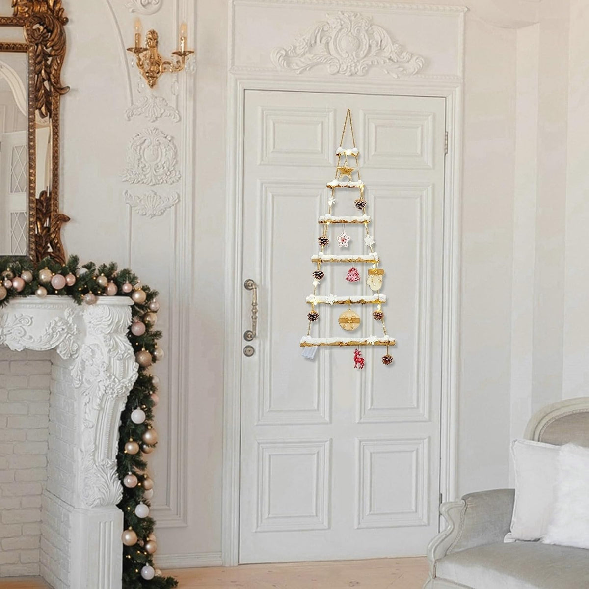 naturevibe Snowy Birch Logs Wall Christmas Tree with Lights and Accessories