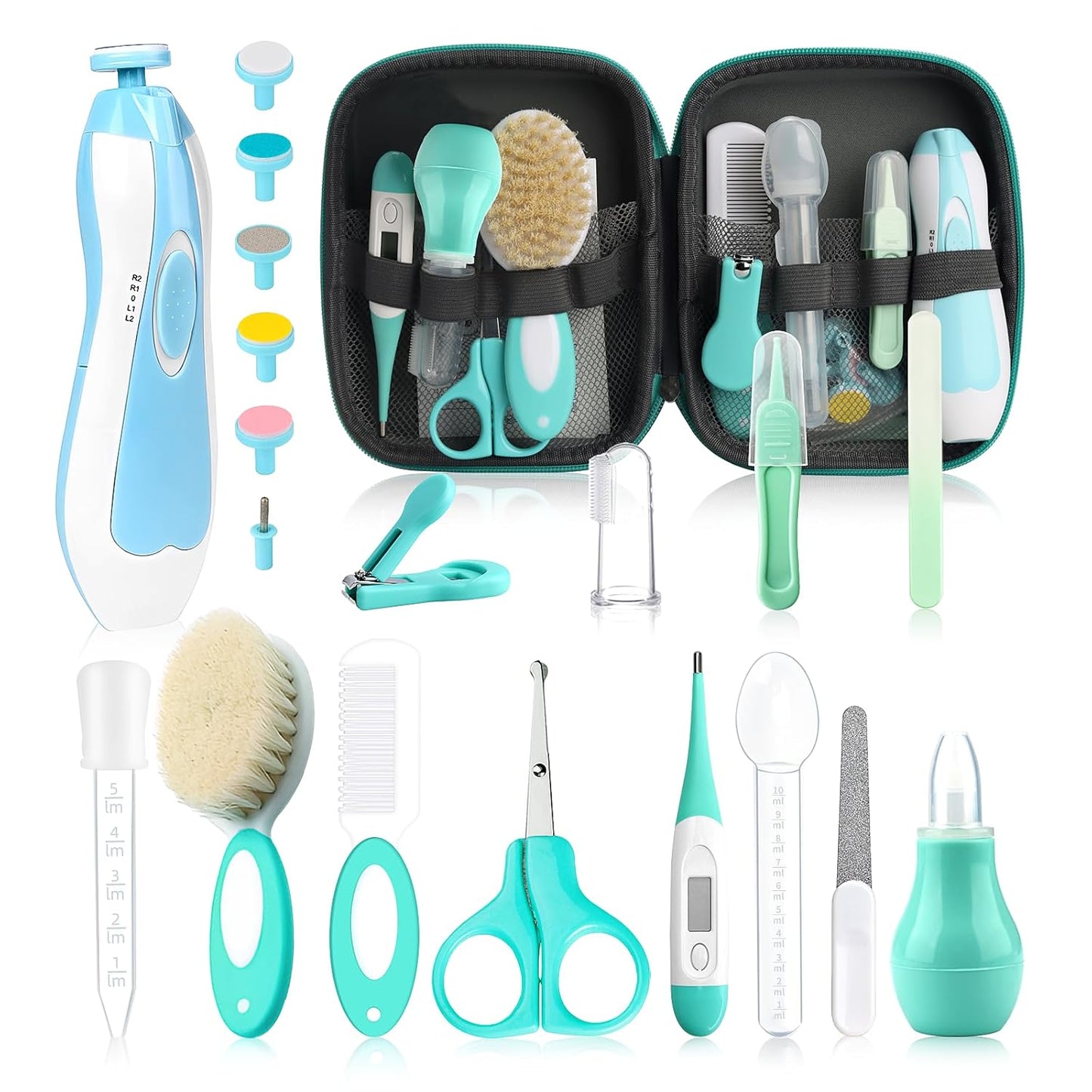Baby Grooming Kit with Electric Safety Nail Trimmer 20 Pc Infant Care Set Including Hair Brush, Comb, Nail Clipper, Nasal Aspirator Newborn Essentials for Boys & Girls (Green Kit)