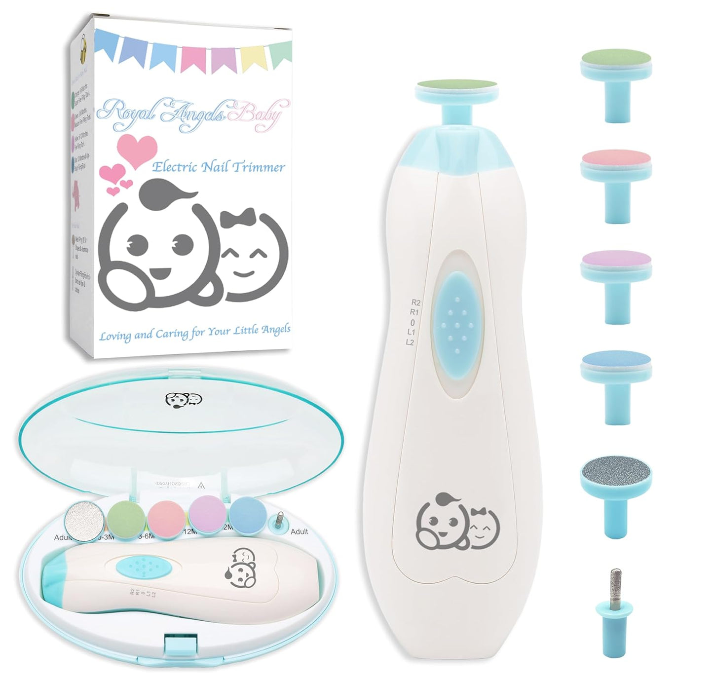Royal Angels 6-in-1 Baby Nail Trimmer Kit (Baby Blue) Electric File with LED, Usage-Labeled Case & Accessories