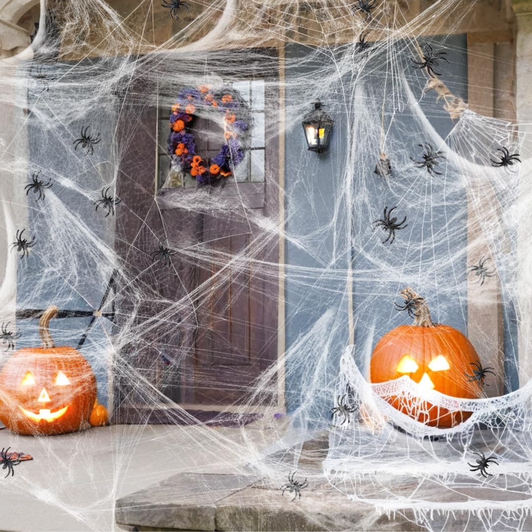 Seasons 60 Sq Ft Stretch Spider Web Kit with 1 Fake Spider Halloween Cobweb Decoration | USA Decoration®