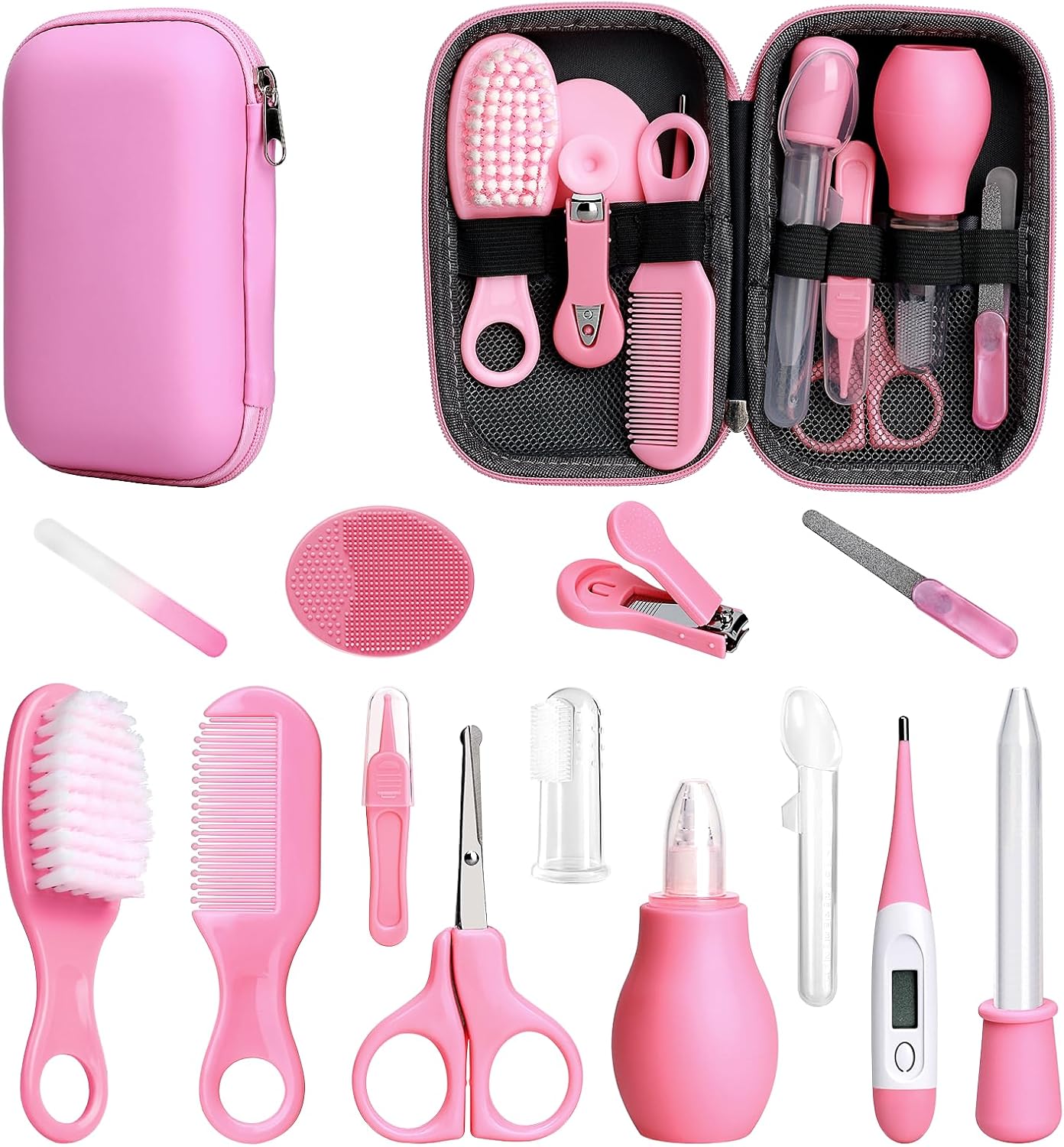 Baby Healthcare & Grooming Kit 14-in-1 Newborn Safety Care Set with Nail Clippers, Hair Brush, Thermometer & Comb (Pink)