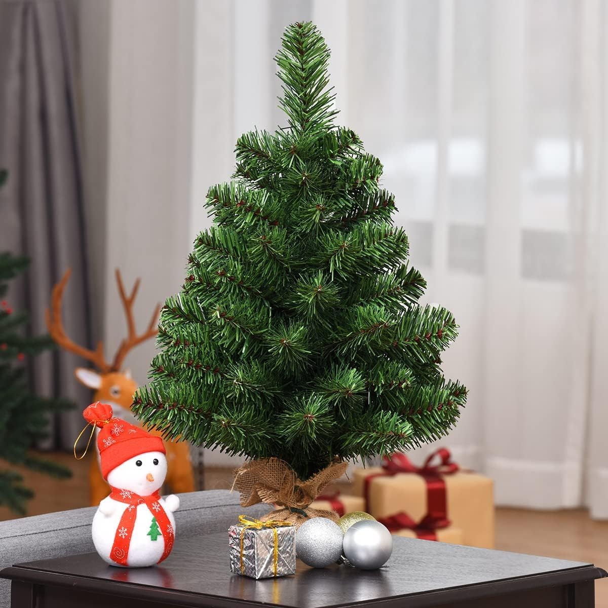 2FT Artificial Tabletop Christmas Tree, Premium Spruce Christmas Tree with Burlap Base, Suitable for Kitchen, Table and Office, Green (2FT)