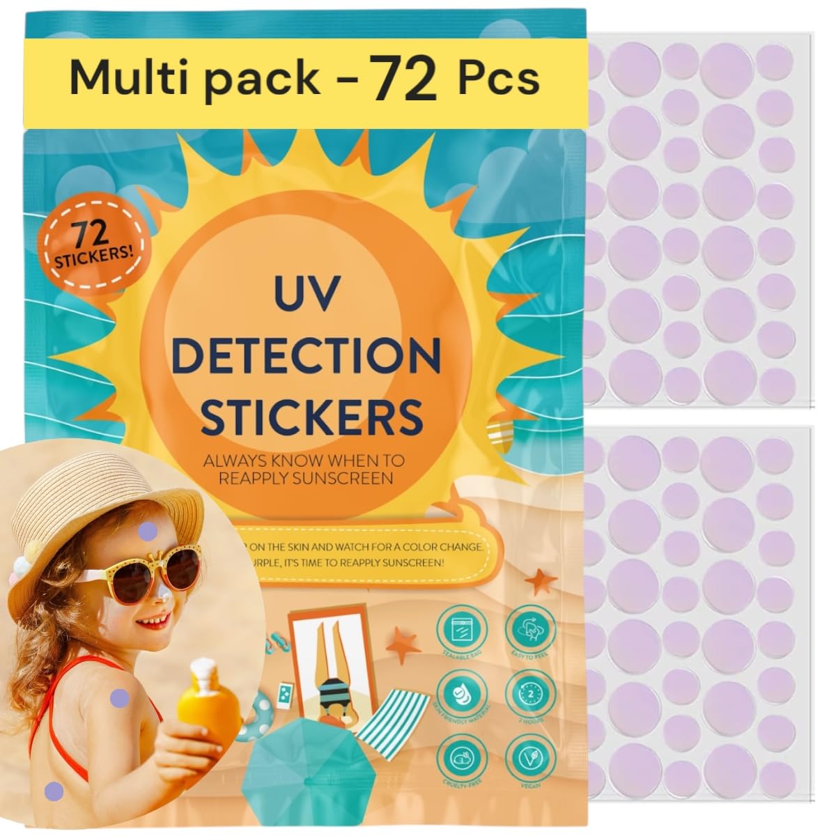 UV Stickers for Sunscreen 72-Pack Sun Detection Patches for Kids & Adults – Water-Resistant, Skin-Safe Reminders to Reapply SPF Beach & Outdoor Essentials