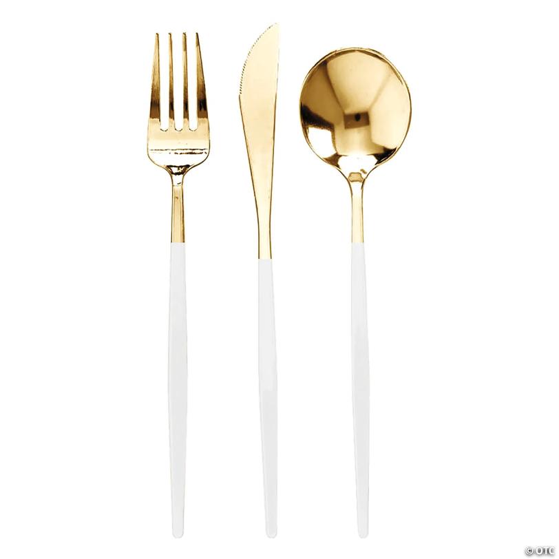 720 Pc. Gold with White Handle Moderno Disposable Plastic Cutlery Set - Spoons, Forks and Knives (240 Guests) | USA Decoration®