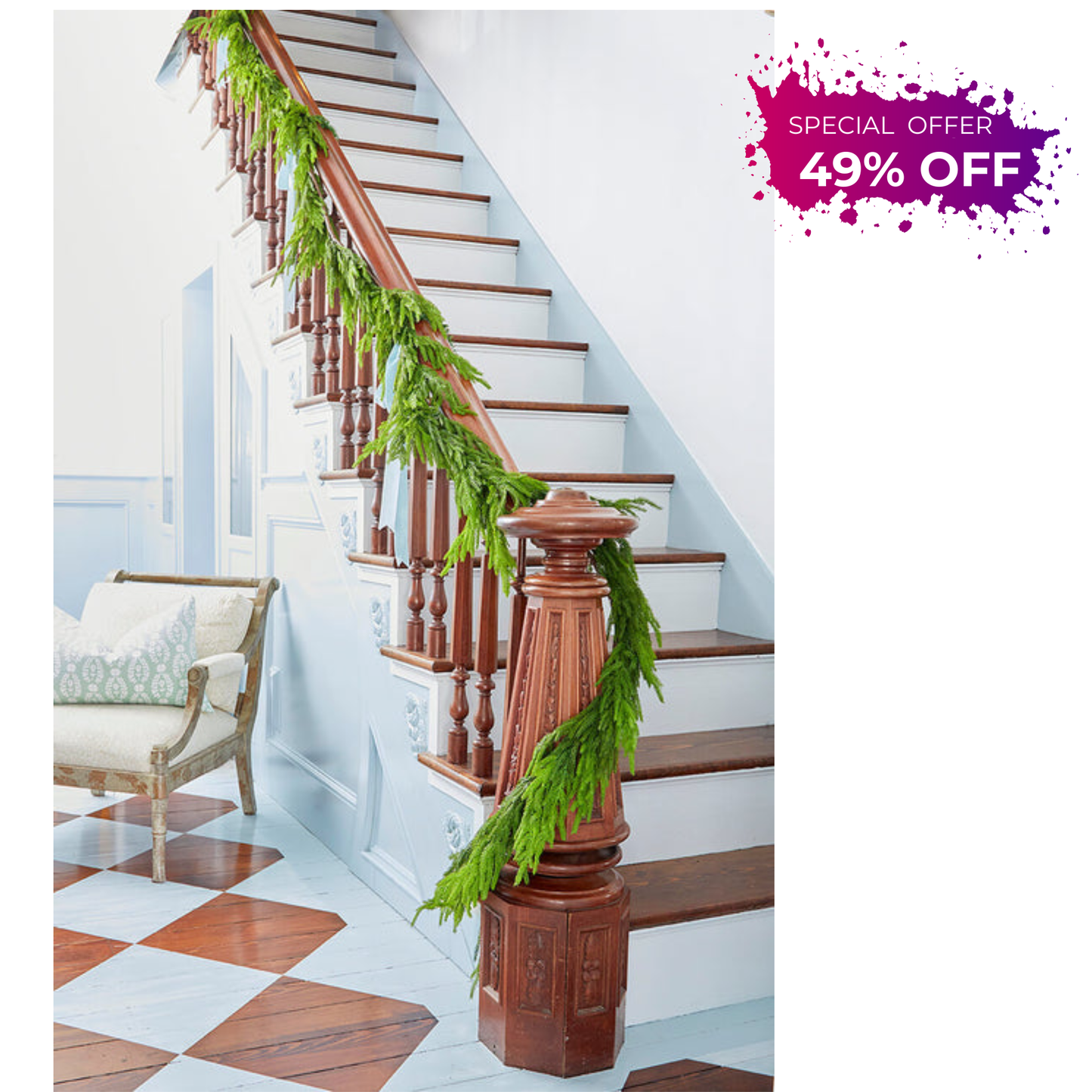 192” Real Touch Norfolk Pine Garland Extra-Long Faux Greenery for Staircases, Mantels & Holiday Decor