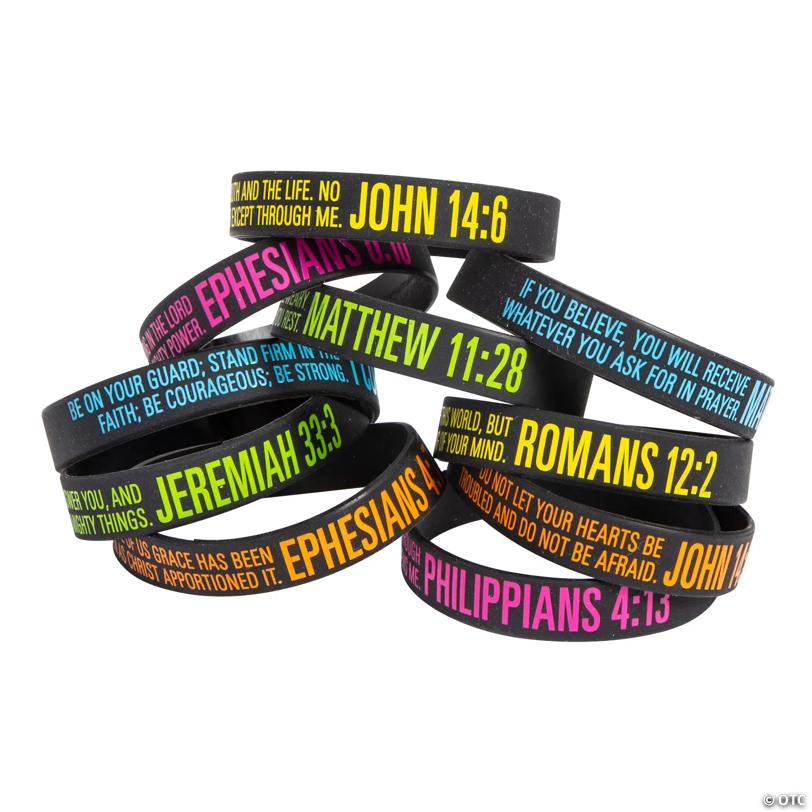 7 1/2" Bulk 100 Pc. Bright Bible Verse Black Rubber Bracelets