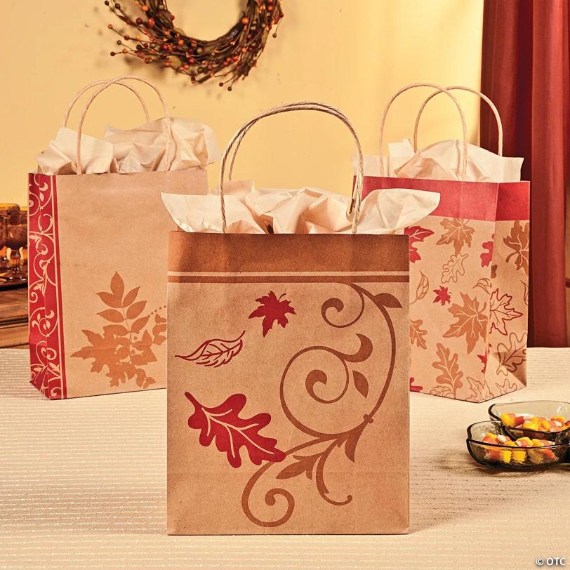 7 1/4" x 9" Medium Fall Kraft Paper Gift Bags - 12 Pc.