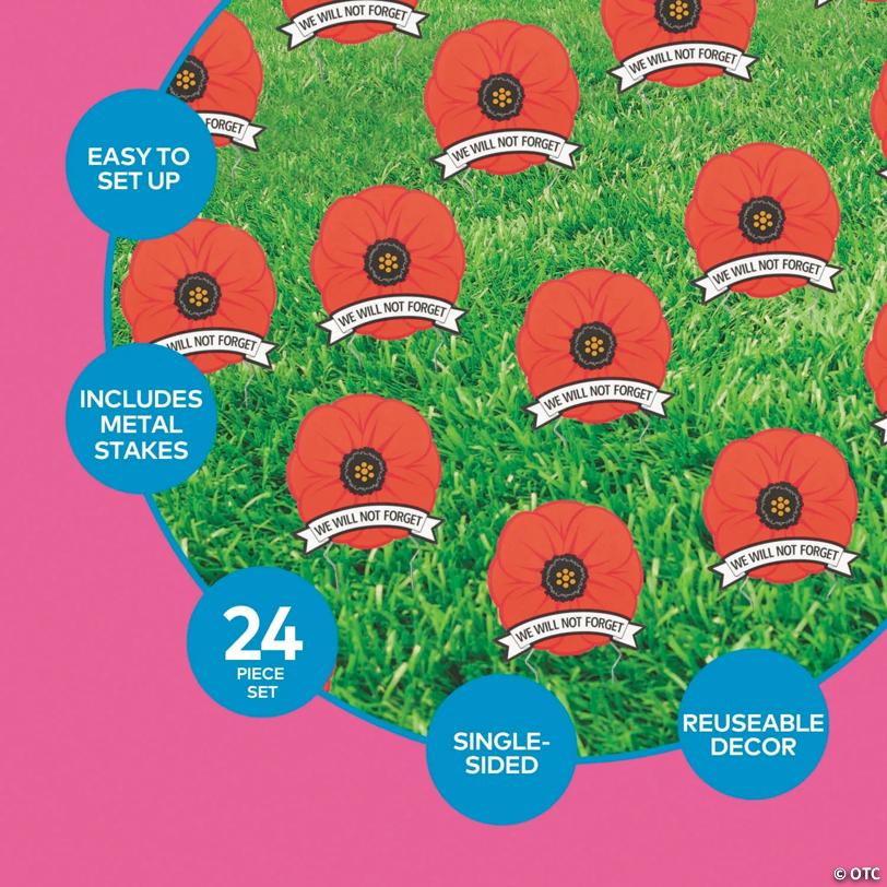 7 3/4" Bulk 24 Pc. Mini Memorial Day Poppy Single-Sided Plastic Yard Signs