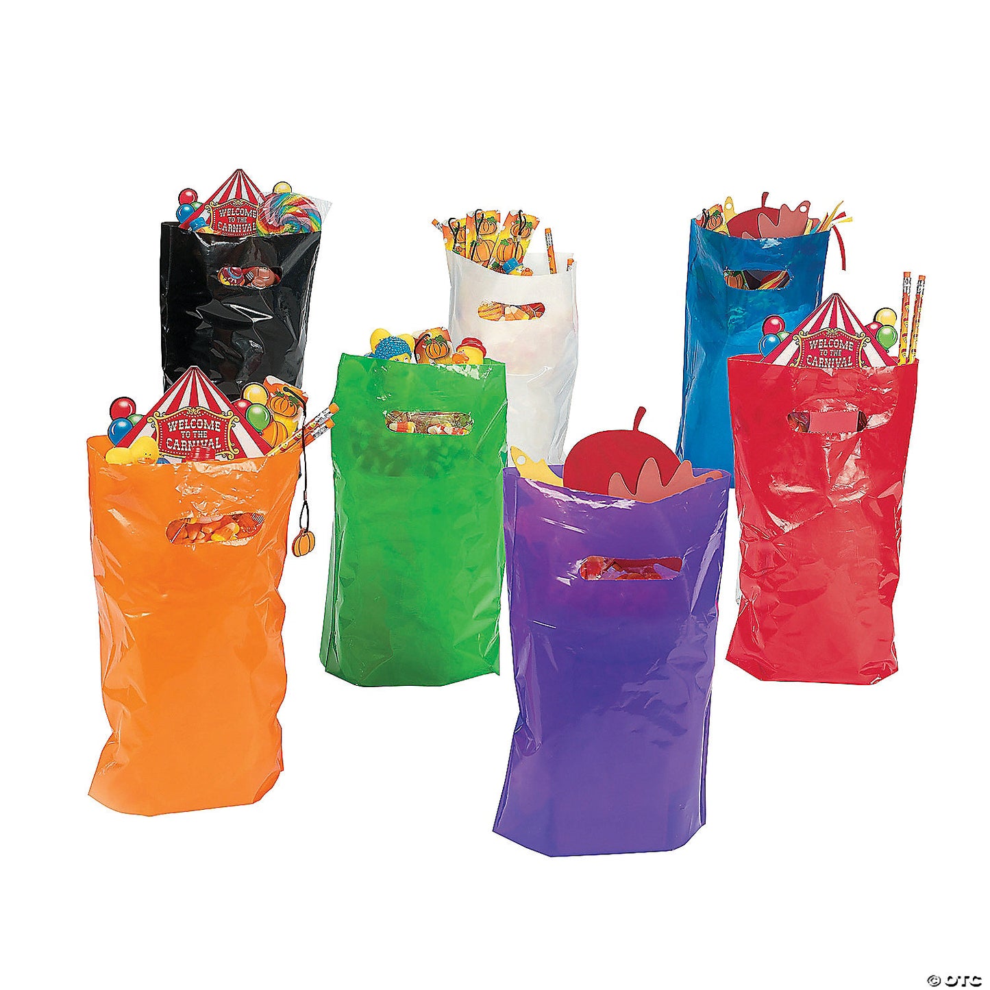 8 1/2" x 12" Bulk 50 Pc. Bright Orange Plastic Goody Bags with Handles | USA Decoration®