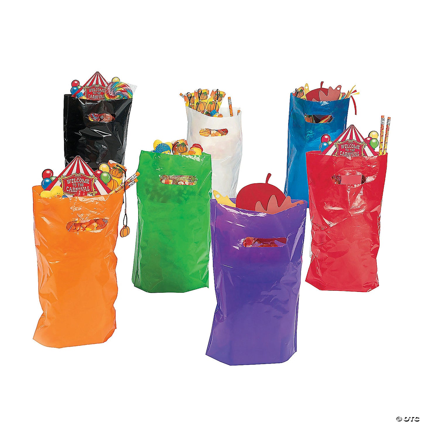 8 1/2" x 12" Bulk 50 Pc. Bright Orange Plastic Goody Bags with Handles | USA Decoration®