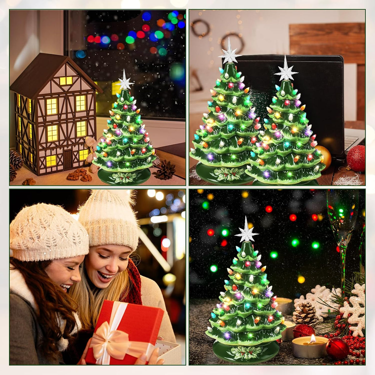 Ganeen 15 Inch Ceramic Christmas Tree with 66 Multicolored Lights Hand Painted Tabletop Christmas Tree Vintage Xmas Decorations for Table Desk Countertop Mantel Home Office(Green)