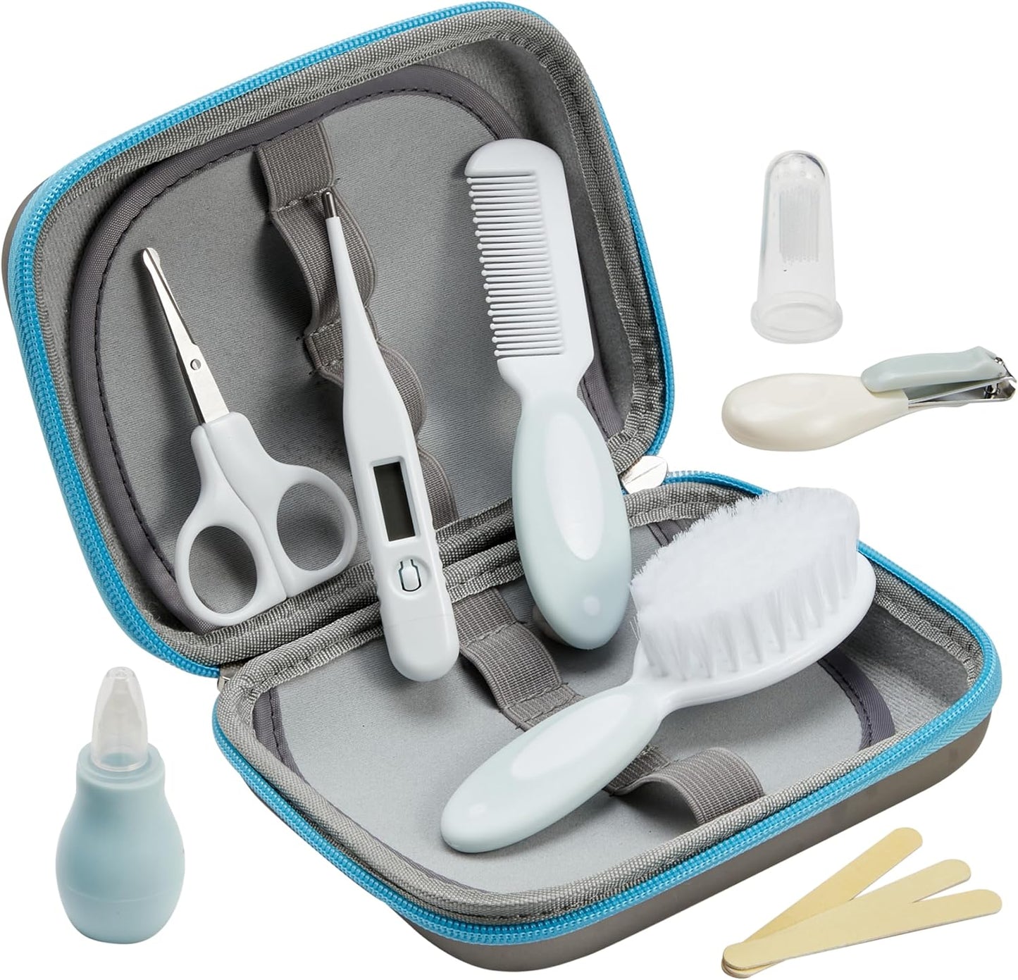 Little Angel Baby Grooming Kit 10-Piece Newborn Care Set with Hair Brush, Comb, Finger Toothbrush, Nasal Aspirator & More Infant & Toddler Essentials (Blue)