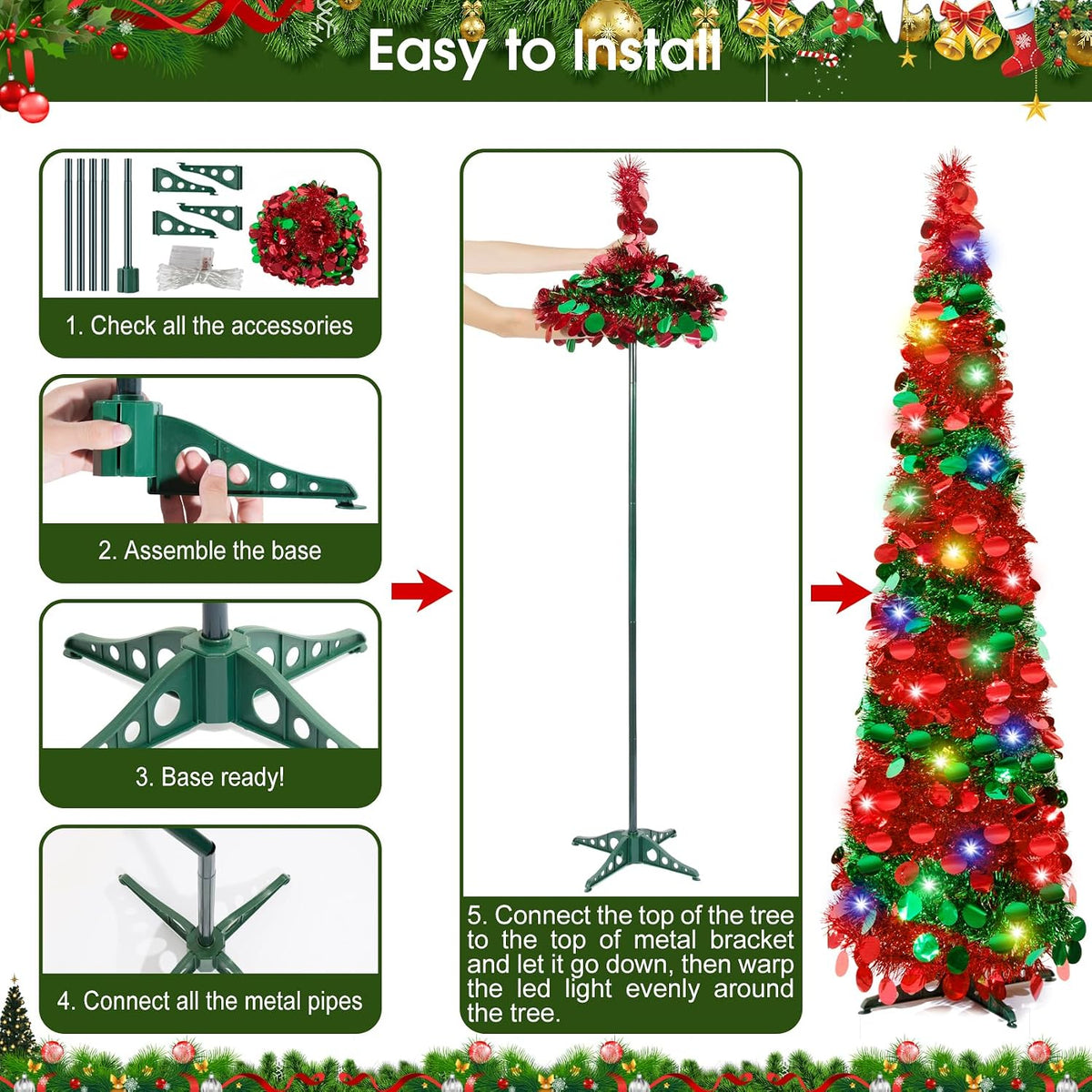 5Ft Pop Up Christmas Tree with Lights, Collapsible Pencil Tree Red Green, Skinny Christmas Tree Slim Xmas Tree, Artificial Tinsel Tree Foldable for Home Apartment Holiday Party Winter Decor