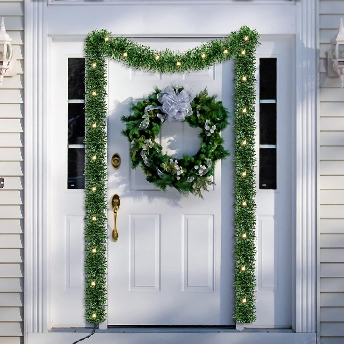 WATERGLIDE 49FT Lighted Christmas Green Garland with 100 Count Clear String Lights, Pre-lit Long Artificial Greenery Garlands, Plug in Holiday Decorative Lights for Indoor Outdoor Decor