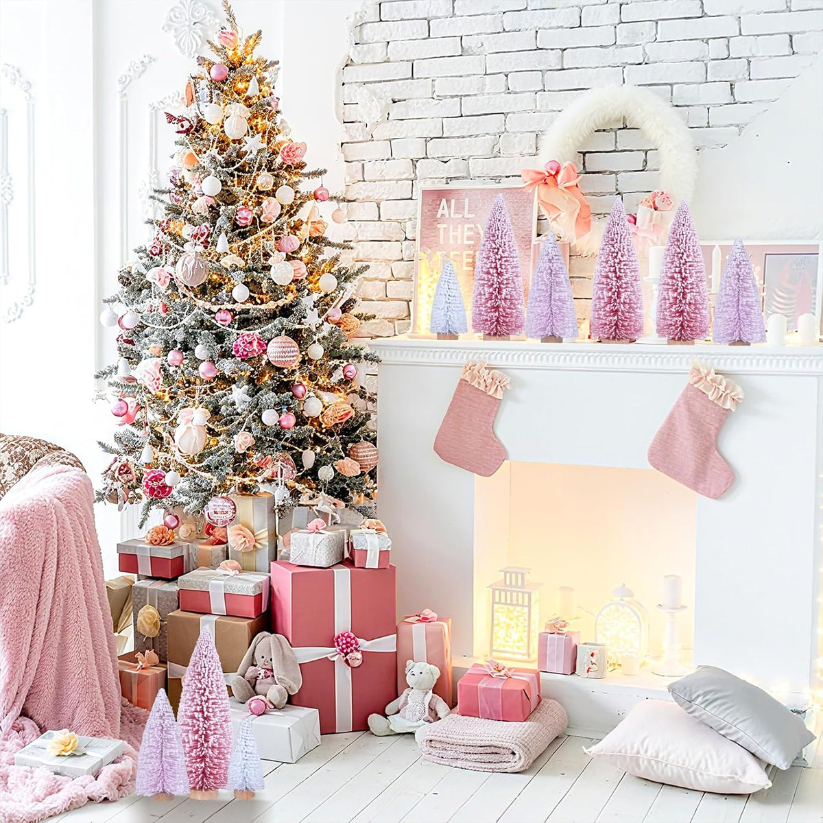 9 Pcs Pink Bottle Brush Trees for Christmas Room Decorations, Table Décor, Creating Pink Wonderland Christmas Décor (4 to 10 Inch)