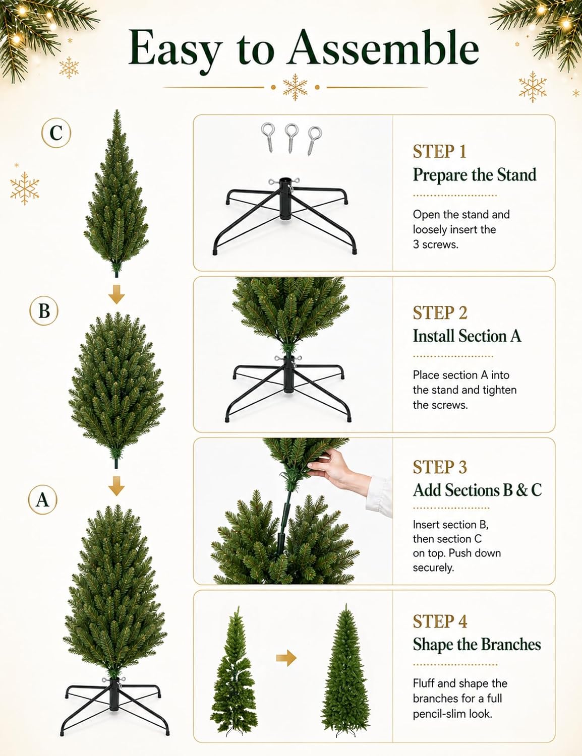 7.5ft Artificial Pencil Slim Christmas Tree, Includes Metal Stand, Kingswood Fir, Easy Assembly with Hinge