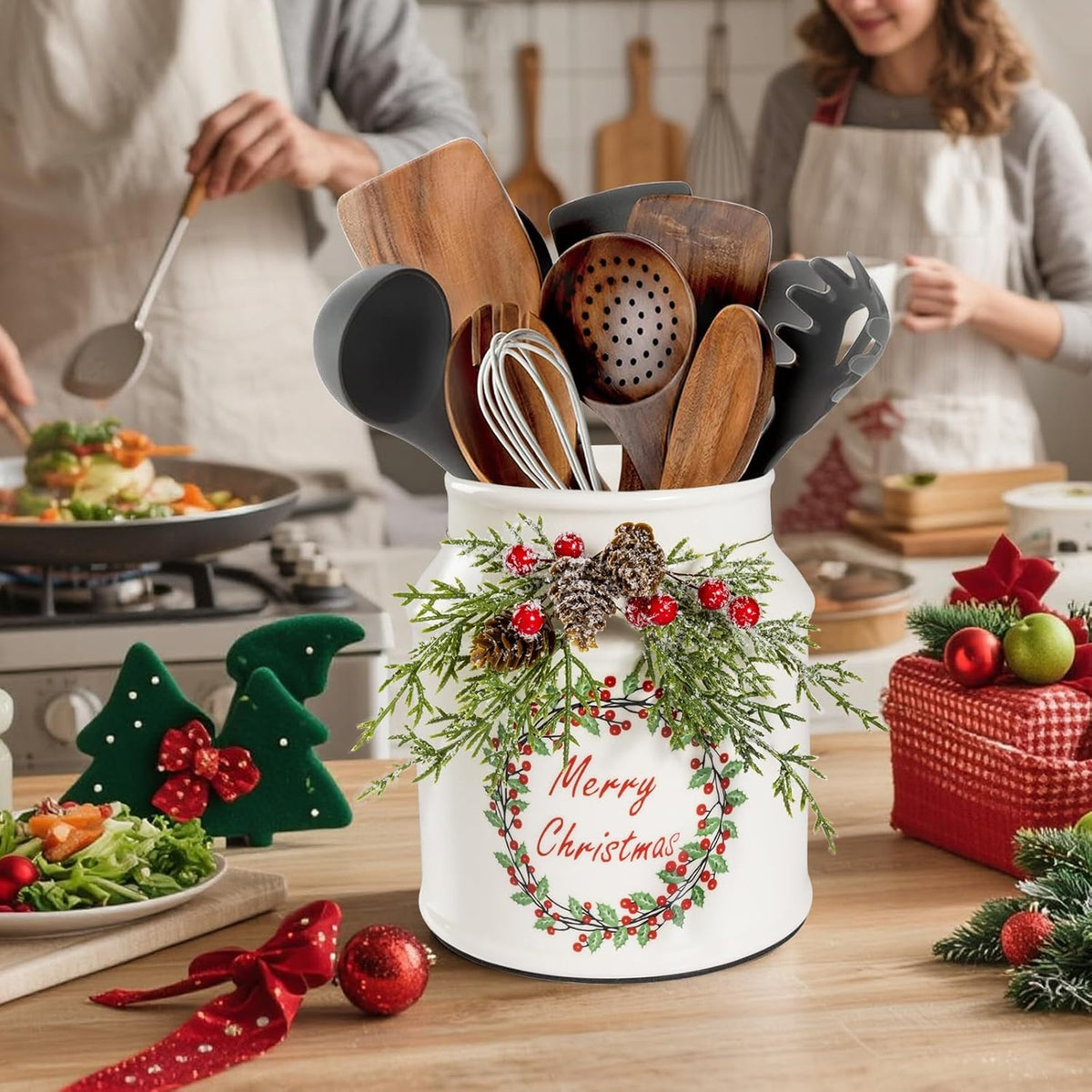 Christmas Utensil Holder with Artificial Pine Branches, Comes with Xmas Box