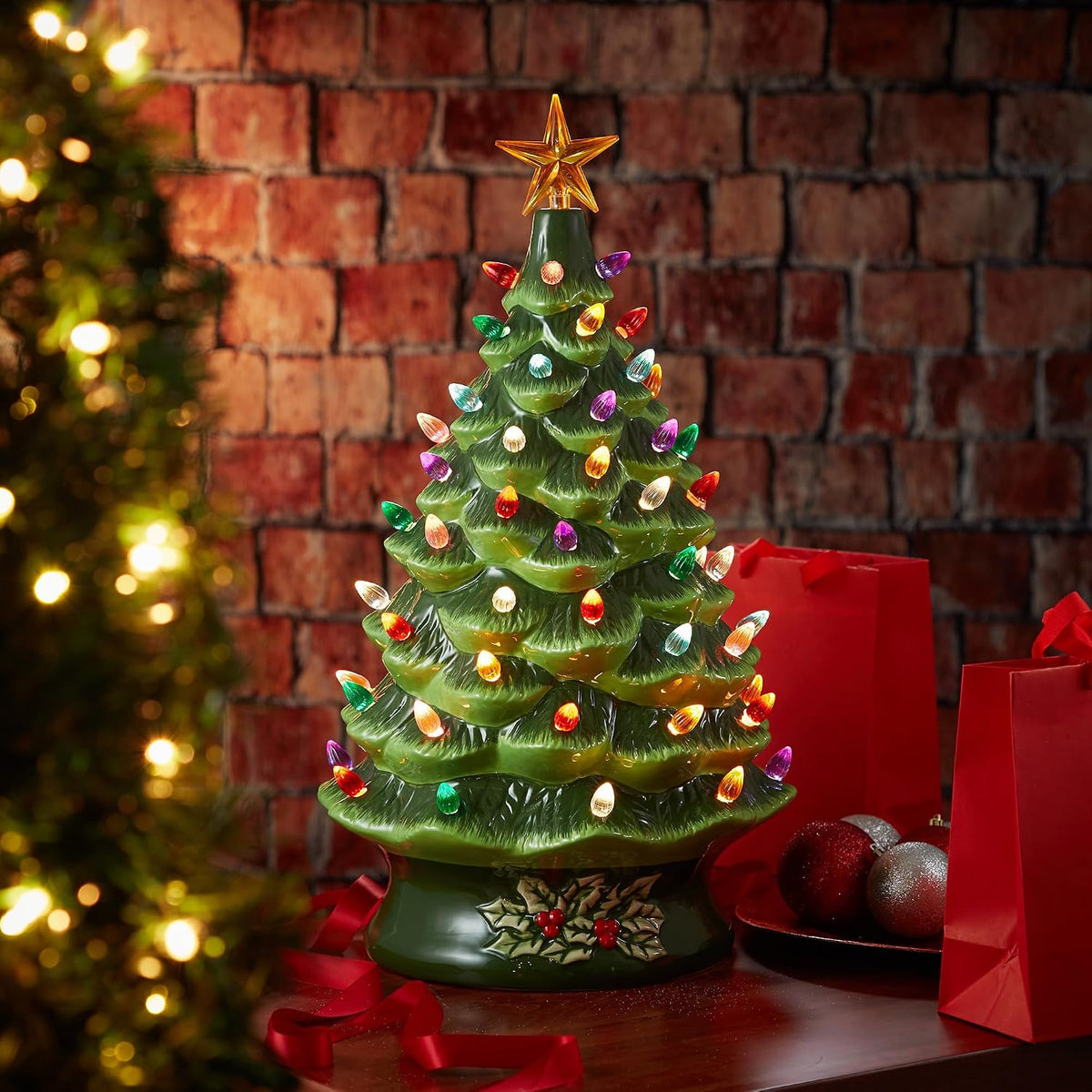 Casafield Hand Painted Ceramic Christmas Tree, Green 24-Inch Pre-Lit Tree with 148 Multi Color Lights and 2 Star Toppers