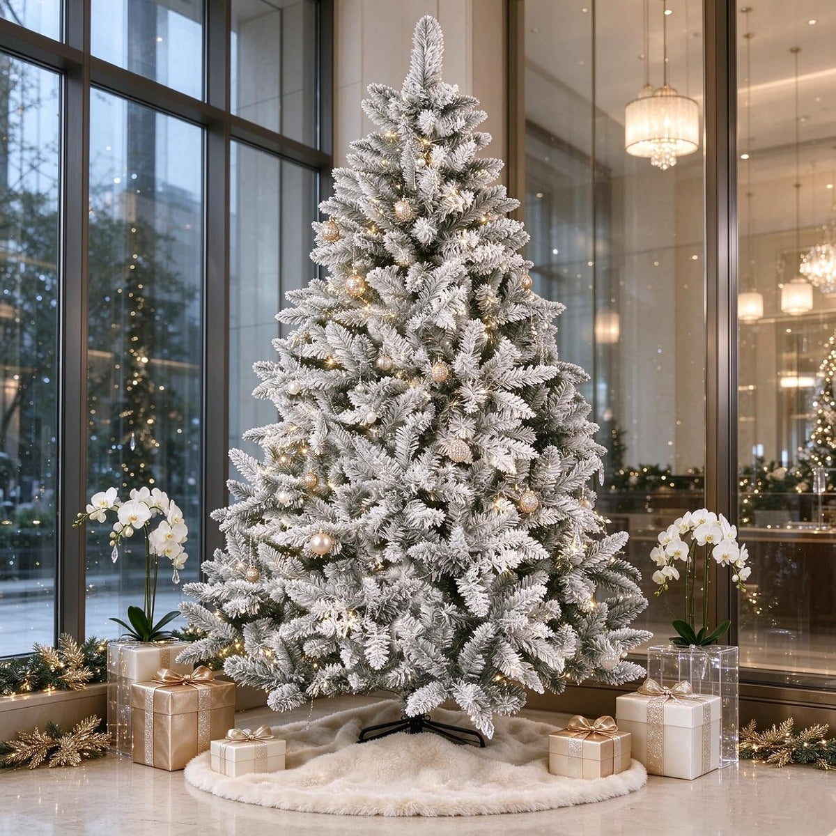 SUNCROWN 6ft Artificial Flocked Christmas Tree Premium Frosted Snow Christmas Tree Hinged Xmas Tree Holiday Decor for Indoor Outdoor, Foldable Metal Stand, 1000 Branch Tips, White