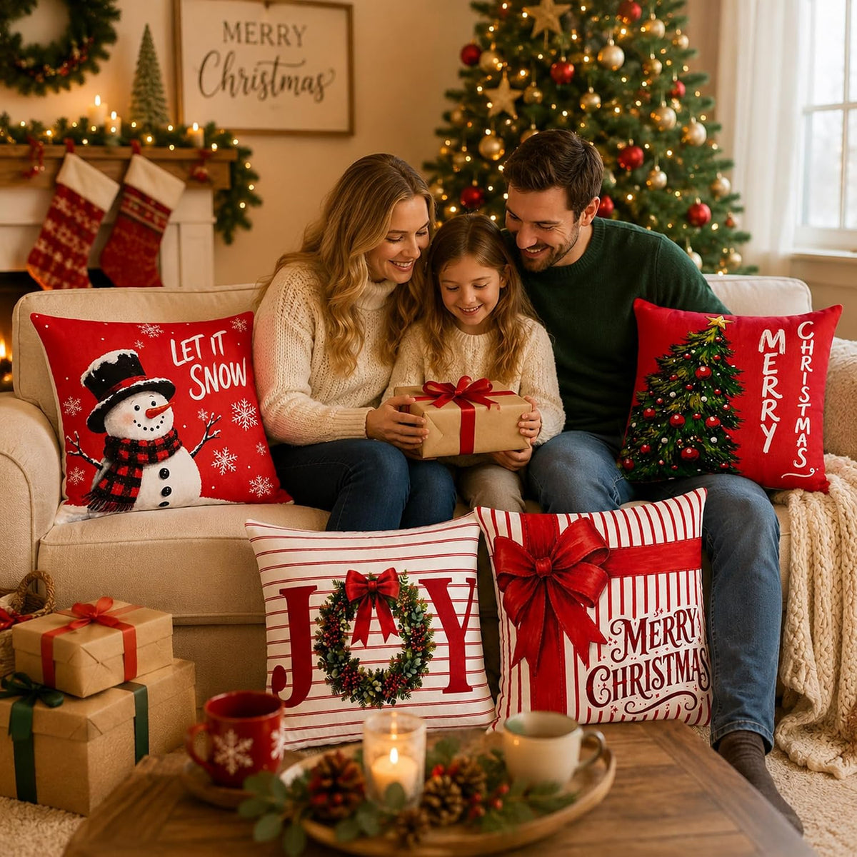 Christmas Decorations - Set of 4 Double-Sided Print Christmas Pillow Covers