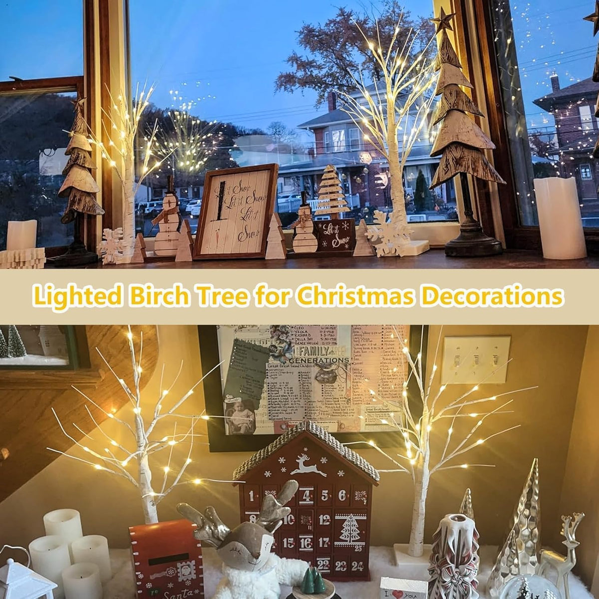 2 Pack 2FT Lighted Birch Tree with Timer for Christmas Decorations Indoor