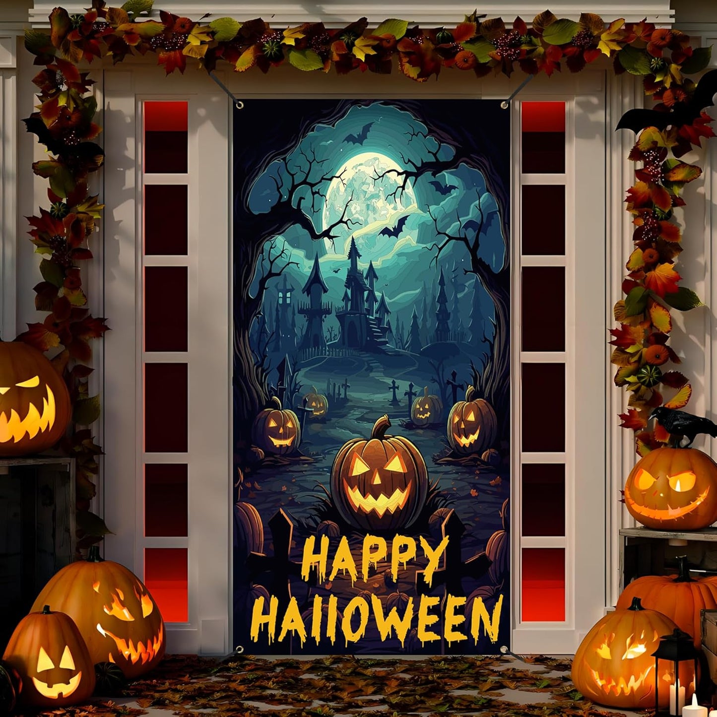 Halloween Door Cover Scary Pumpkin Castle 70x35 In | USA Decoration®