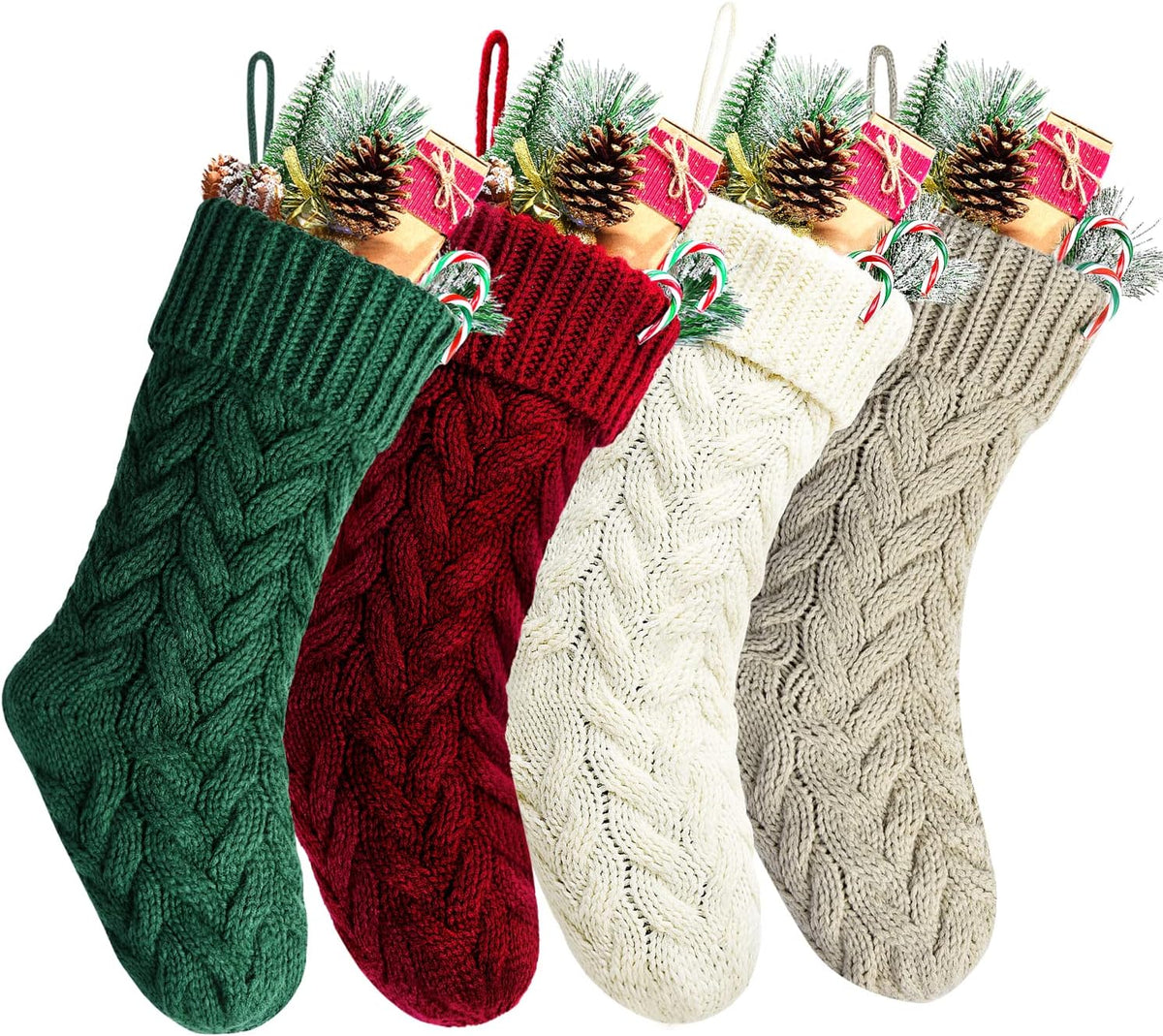 Christmas Stockings, 18 Inch Burgundy, Ivory, Green and Khaki Cable Knitted Stocking for Xmas Holiday Decoration, 8 Pack