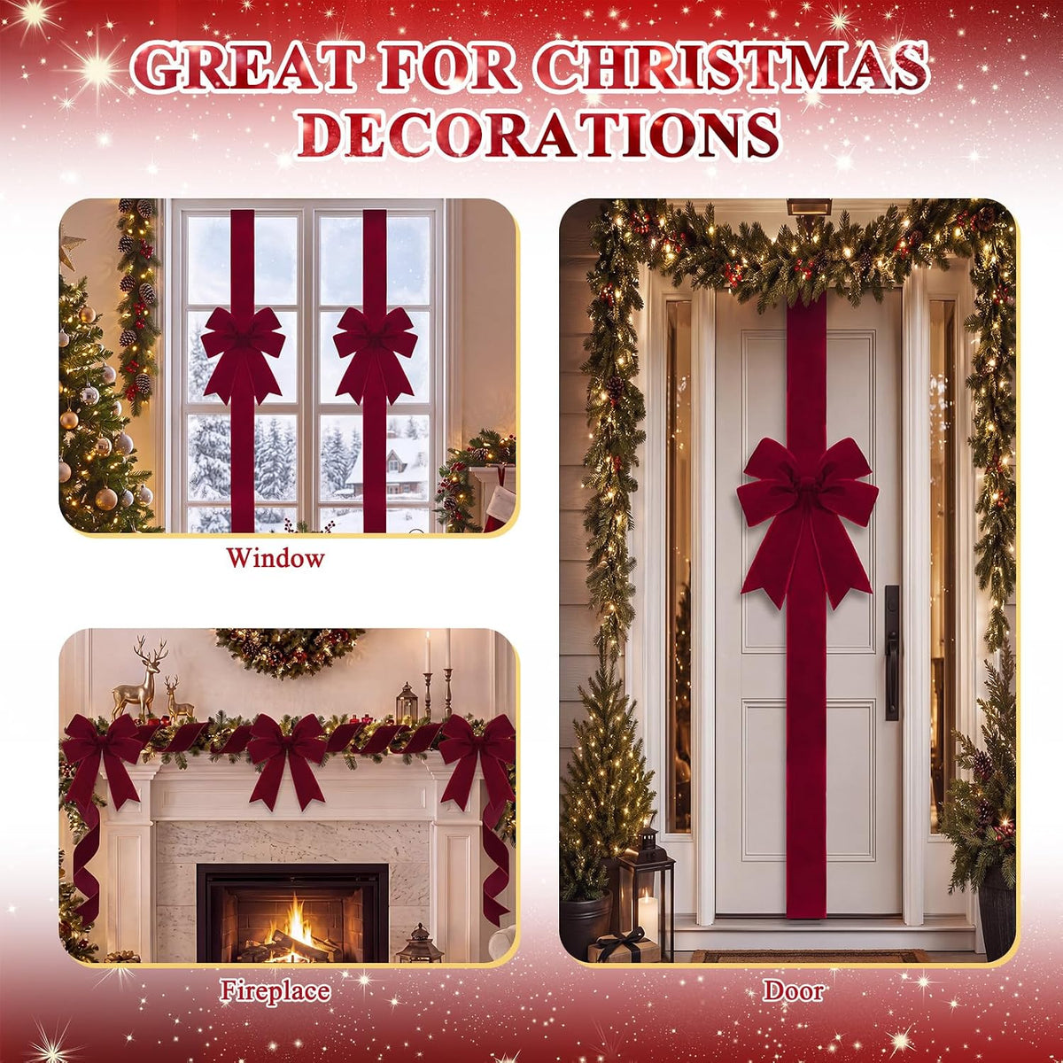 Daifunli 6 Pcs Burgundy Velvet Christmas Cabinet Bows Ribbons for Kitchen