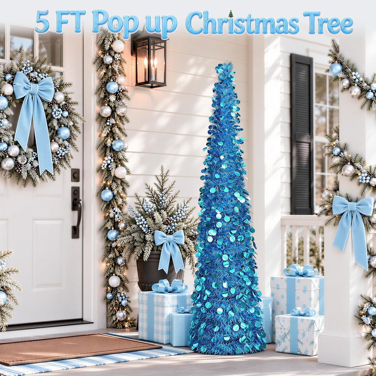 5 FT Pencil Christmas Tree, Collapsible Artificial Sequin Pop Up Christmas Tree, Skinny Pencil Tinsel Christmas Trees, Xmas Tree for Home Apartment Basement Fireplace (Pure Blue)