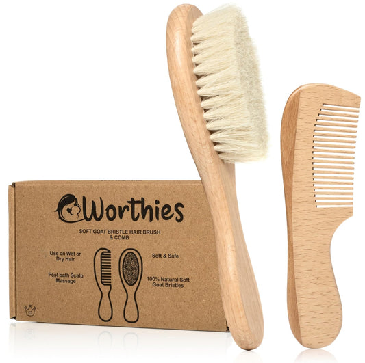 Wooden Baby Hair Brush and Comb Set with Soft Goat Bristles for Cradle Cap Care