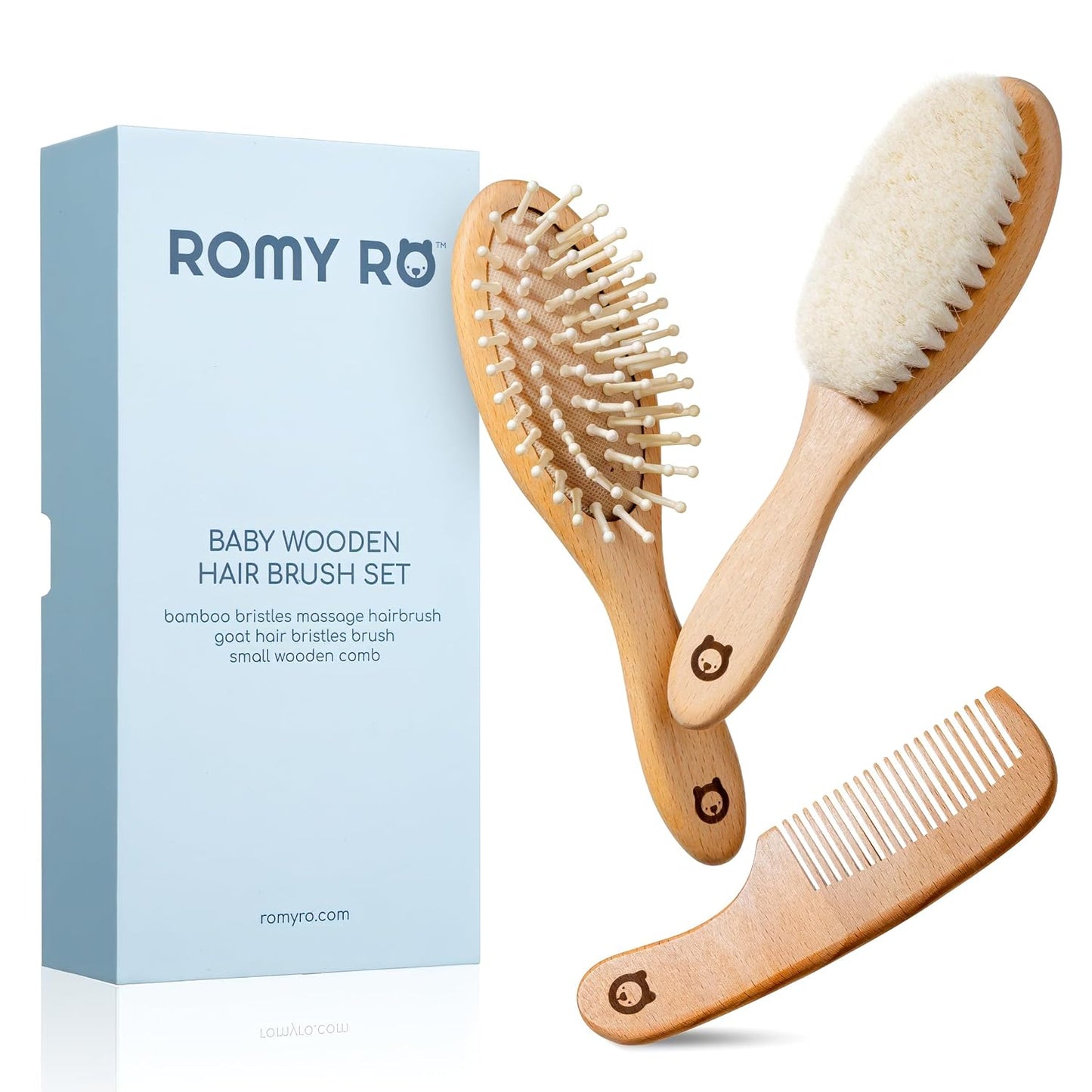 Wooden Baby Hair Brush Comb Set Soft Natural Bristles Cradle Cap Grooming Kit